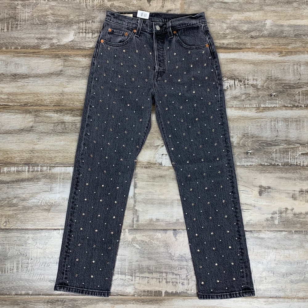 LEVI’S 501 Crystal Crop Jeans Black Embellished - Picture 2 of 8